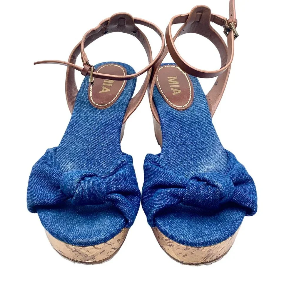 MIA Blue Denim Knot Espadrille Wedge Sandals Cork Size 8.5 Open Toe